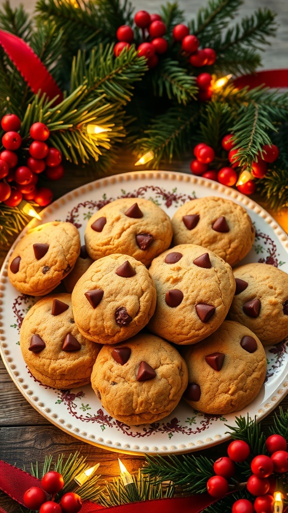 A plate of golden brown cookies with chocolate chips, decorated with holiday elements like pine branches and red berries.